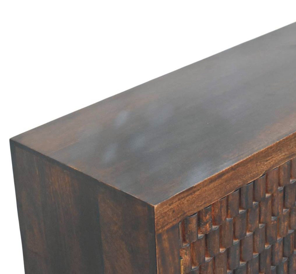 Chocolate Brown Lacquered Solid Mango Wood Cadiz Carved 6-Drawer Chest with Brass Knobs