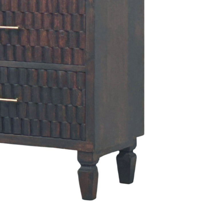 Chocolate Brown Lacquered Solid Mango Wood Cadiz Carved 6-Drawer Chest with Brass Knobs