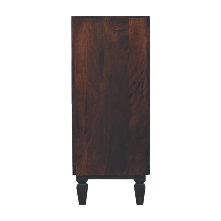 Chocolate Brown Lacquered Solid Mango Wood Cadiz Carved 6-Drawer Chest with Brass Knobs