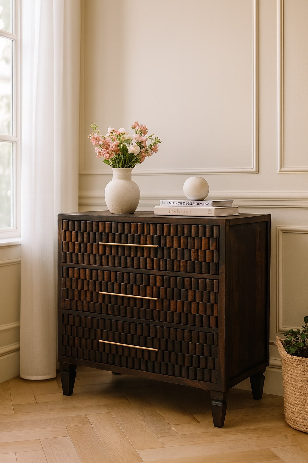 Chocolate Brown Lacquered Solid Mango Wood Cadiz Carved 6-Drawer Chest with Brass Knobs