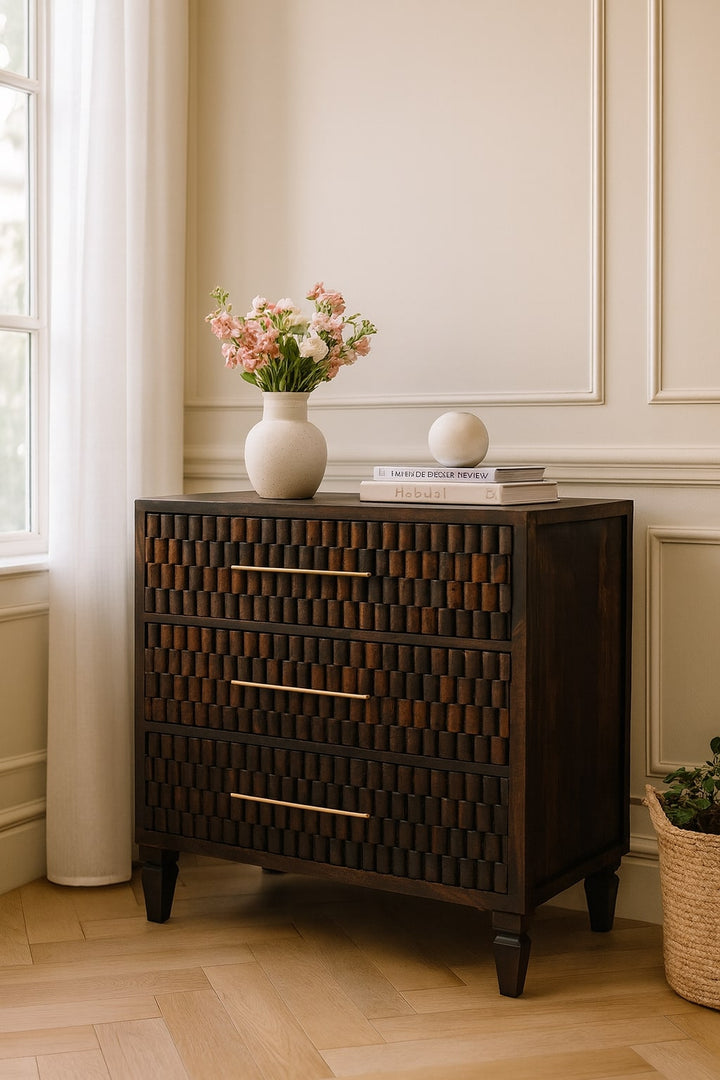 Chocolate Brown Lacquered Solid Mango Wood Cadiz Carved 6-Drawer Chest with Brass Knobs