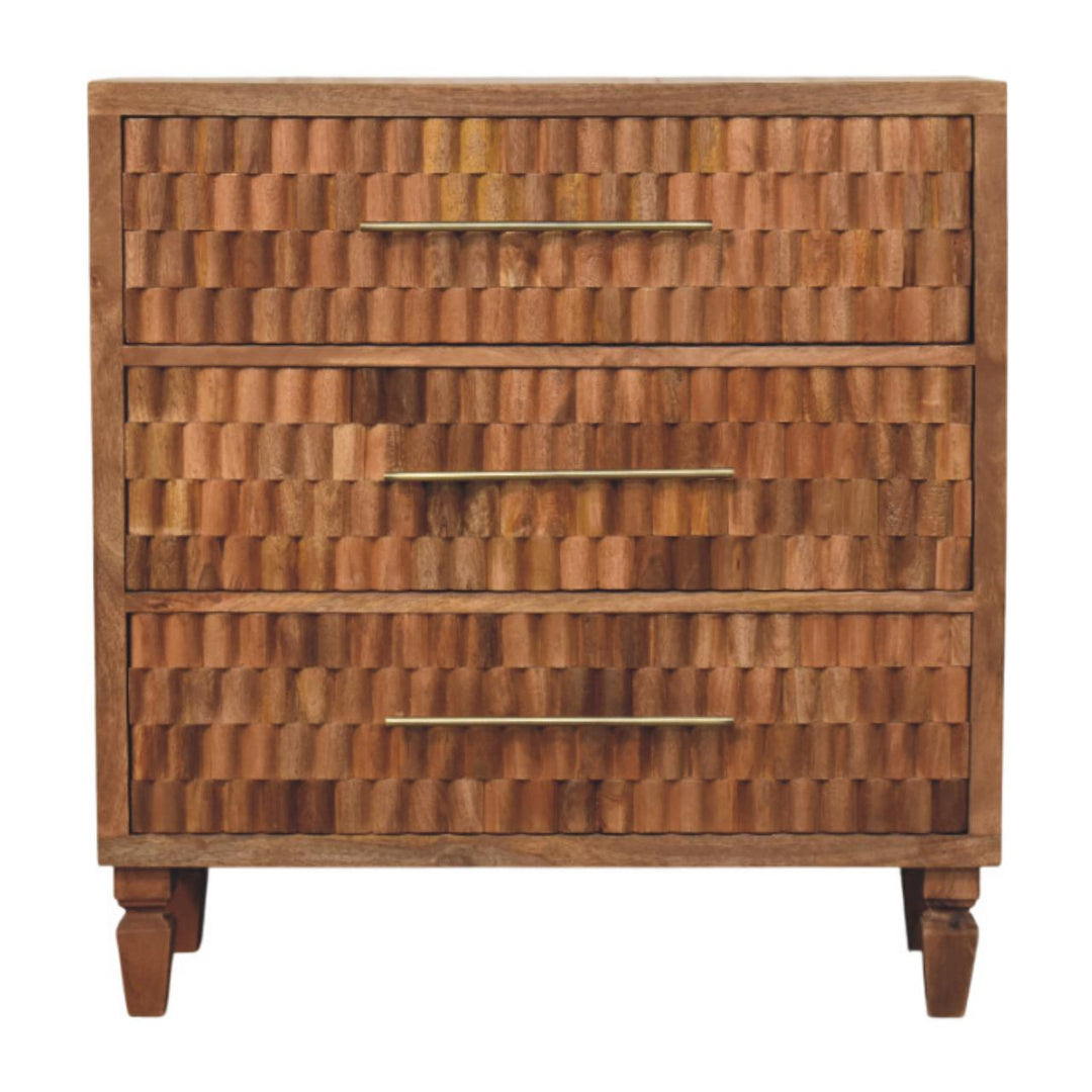 Brown Lacquered Golden Teak Solid Mango Wood Arno 3-Drawer Chest of Drawers