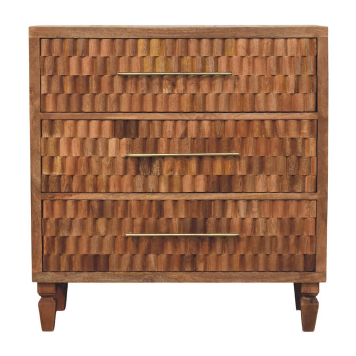 Brown Lacquered Golden Teak Solid Mango Wood Arno 3-Drawer Chest of Drawers