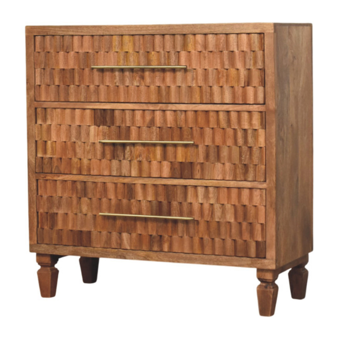 Brown Lacquered Golden Teak Solid Mango Wood Arno 3-Drawer Chest of Drawers