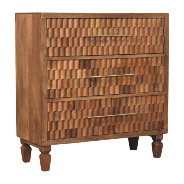 Brown Lacquered Golden Teak Solid Mango Wood Arno 3-Drawer Chest of Drawers