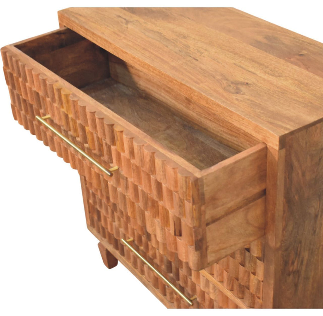 Brown Lacquered Golden Teak Solid Mango Wood Arno 3-Drawer Chest of Drawers