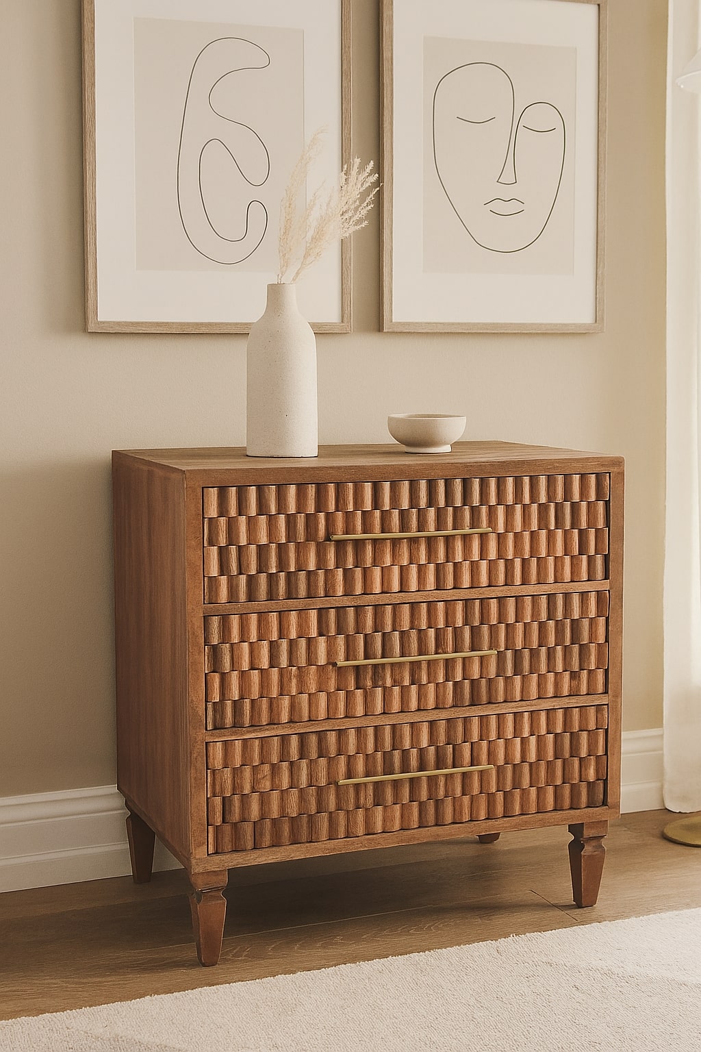 Brown Lacquered Golden Teak Solid Mango Wood Arno 3-Drawer Chest of Drawers