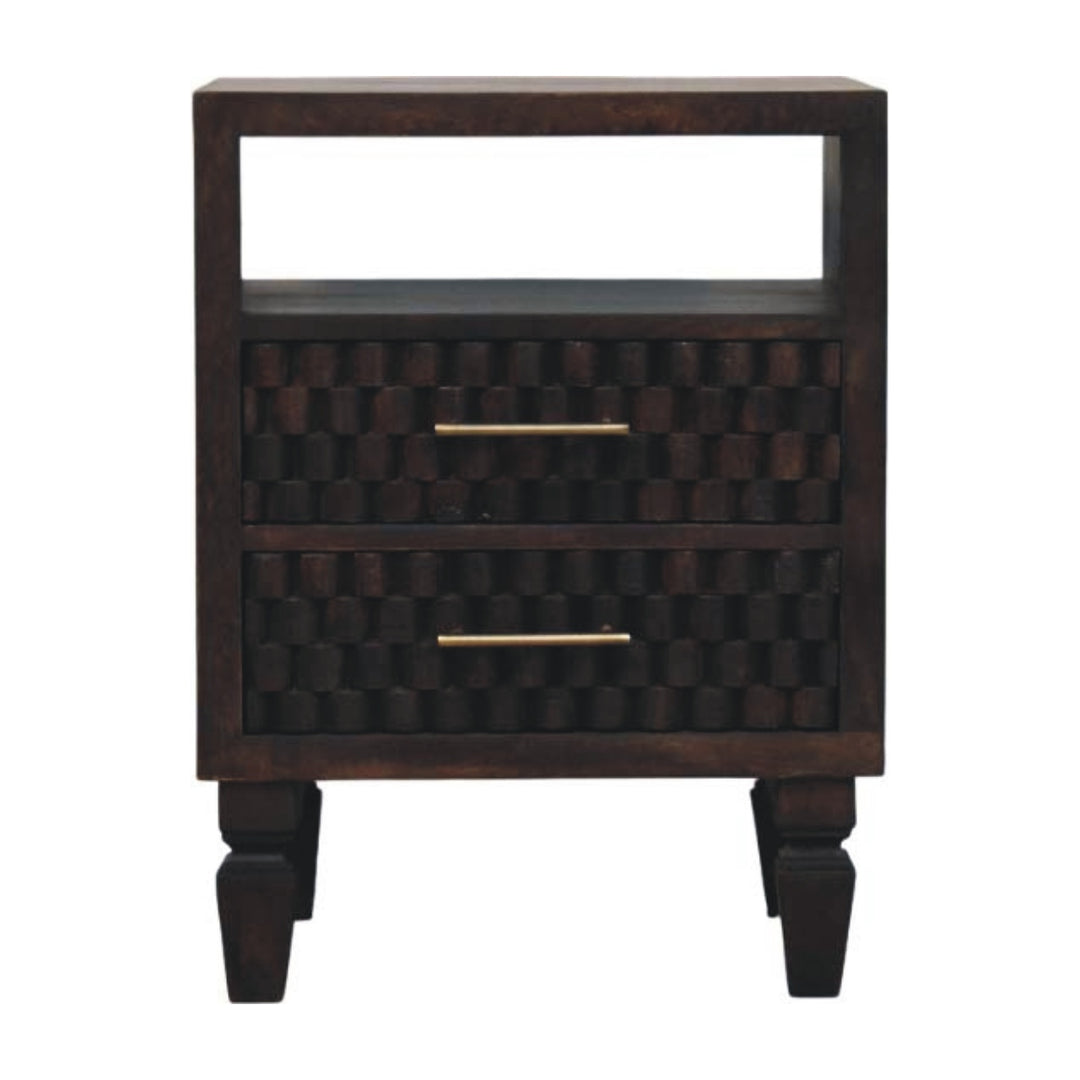 Chocolate Brown Velvet Solid Mango Wood Arno Bedside Table with 1 Drawer, Lower Shelf & Brass Handle