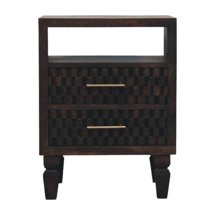 Chocolate Brown Velvet Solid Mango Wood Arno Bedside Table with 1 Drawer, Lower Shelf & Brass Handle