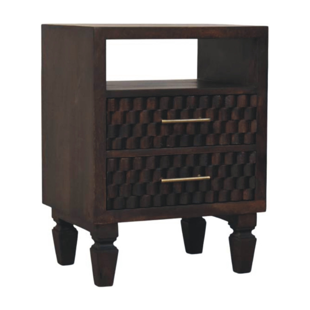 Chocolate Brown Velvet Solid Mango Wood Arno Bedside Table with 1 Drawer, Lower Shelf & Brass Handle