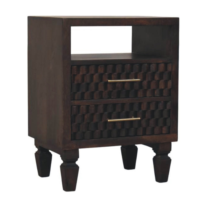 Chocolate Brown Velvet Solid Mango Wood Arno Bedside Table with 1 Drawer, Lower Shelf & Brass Handle