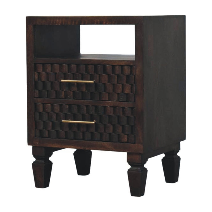 Chocolate Brown Velvet Solid Mango Wood Arno Bedside Table with 1 Drawer, Lower Shelf & Brass Handle