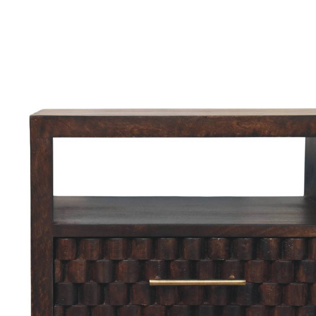 Chocolate Brown Velvet Solid Mango Wood Arno Bedside Table with 1 Drawer, Lower Shelf & Brass Handle