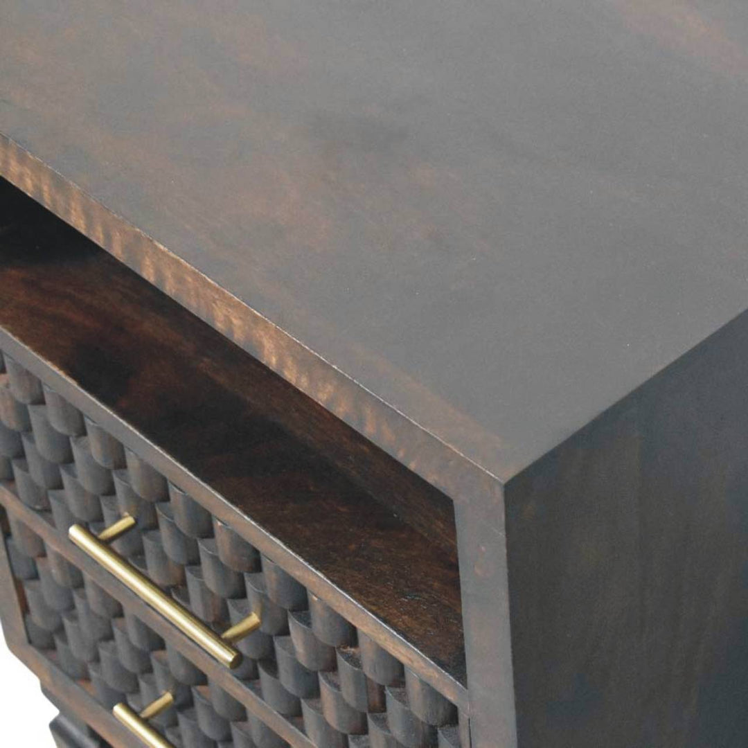 Chocolate Brown Velvet Solid Mango Wood Arno Bedside Table with 1 Drawer, Lower Shelf & Brass Handle