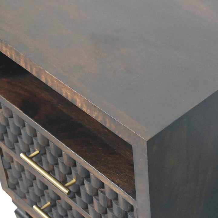 Chocolate Brown Velvet Solid Mango Wood Arno Bedside Table with 1 Drawer, Lower Shelf & Brass Handle