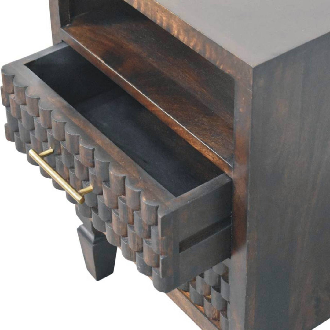 Chocolate Brown Velvet Solid Mango Wood Arno Bedside Table with 1 Drawer, Lower Shelf & Brass Handle