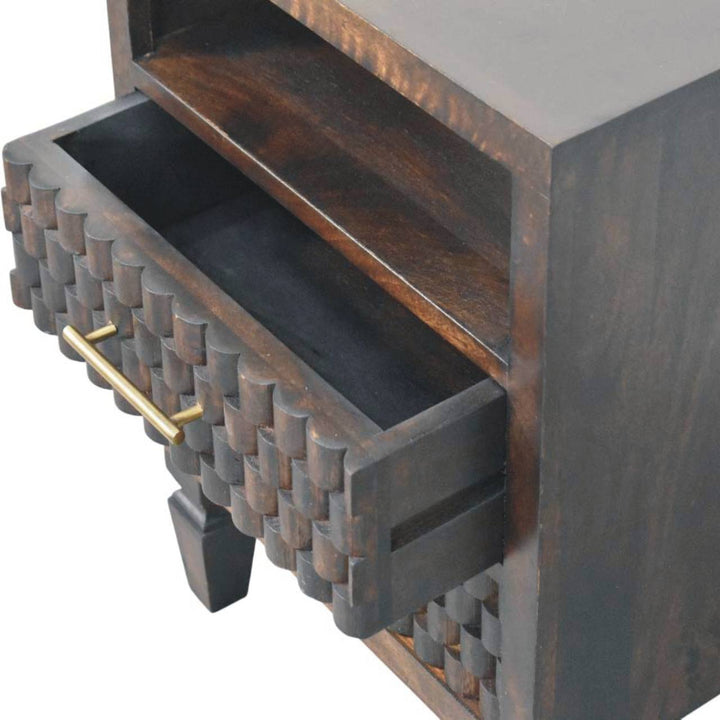 Chocolate Brown Velvet Solid Mango Wood Arno Bedside Table with 1 Drawer, Lower Shelf & Brass Handle