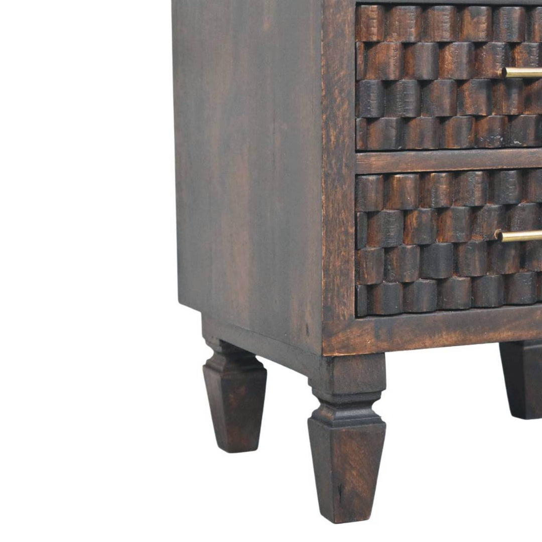 Chocolate Brown Velvet Solid Mango Wood Arno Bedside Table with 1 Drawer, Lower Shelf & Brass Handle