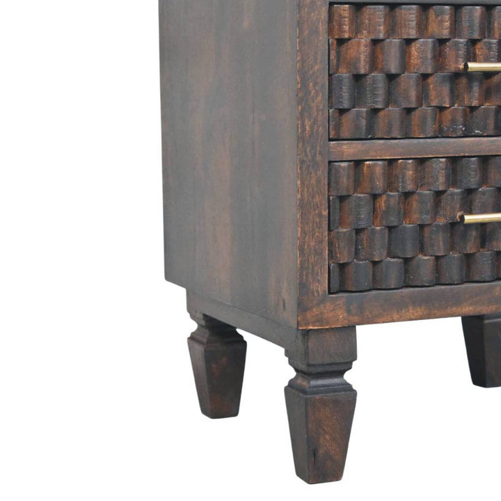 Chocolate Brown Velvet Solid Mango Wood Arno Bedside Table with 1 Drawer, Lower Shelf & Brass Handle