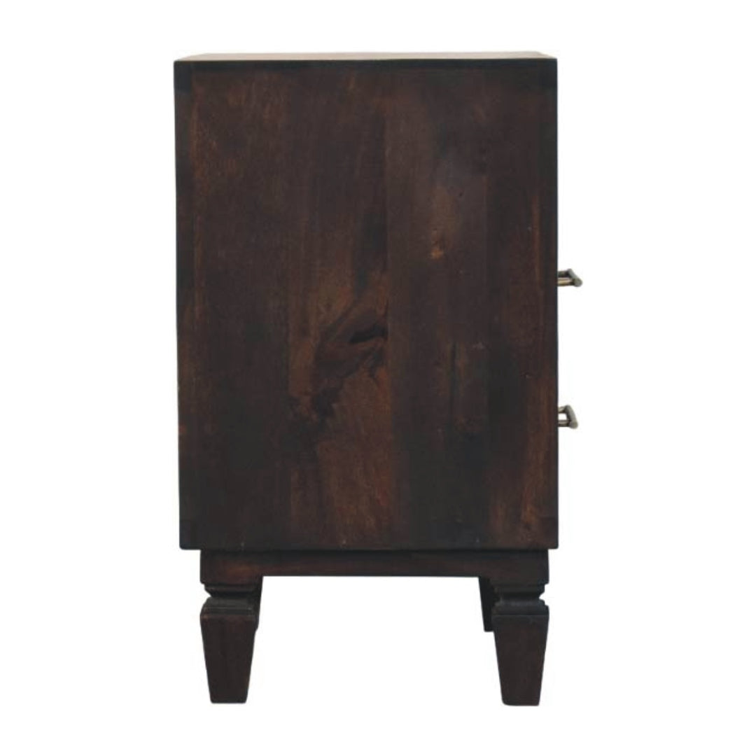 Chocolate Brown Velvet Solid Mango Wood Arno Bedside Table with 1 Drawer, Lower Shelf & Brass Handle