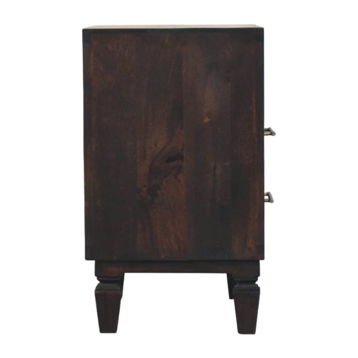Chocolate Brown Velvet Solid Mango Wood Arno Bedside Table with 1 Drawer, Lower Shelf & Brass Handle