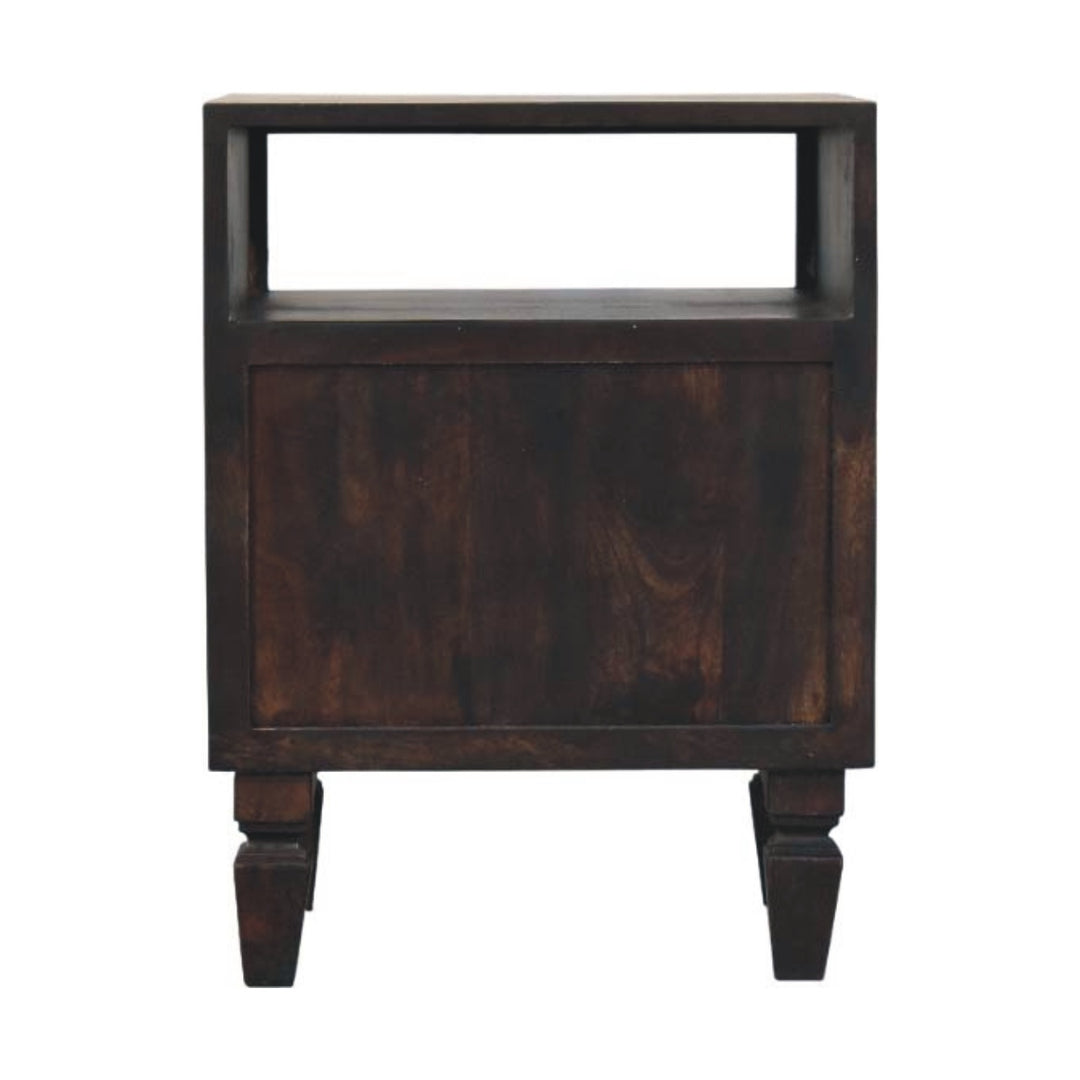 Chocolate Brown Velvet Solid Mango Wood Arno Bedside Table with 1 Drawer, Lower Shelf & Brass Handle