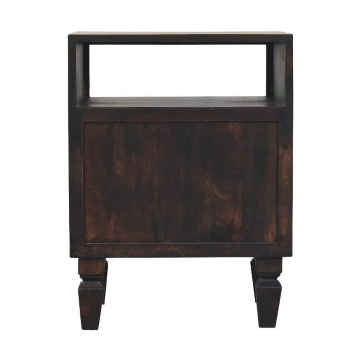 Chocolate Brown Velvet Solid Mango Wood Arno Bedside Table with 1 Drawer, Lower Shelf & Brass Handle