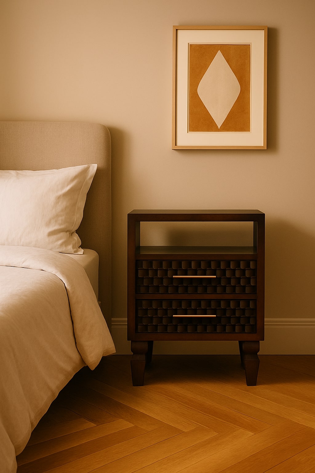Chocolate Brown Velvet Solid Mango Wood Arno Bedside Table with 1 Drawer, Lower Shelf & Brass Handle