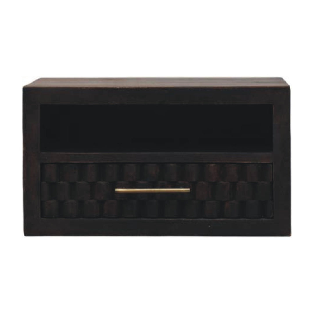 Chocolate Brown Velvet Solid Mango Wood Arno Wall-Mounted Bedside with Cube Drawer Fronts