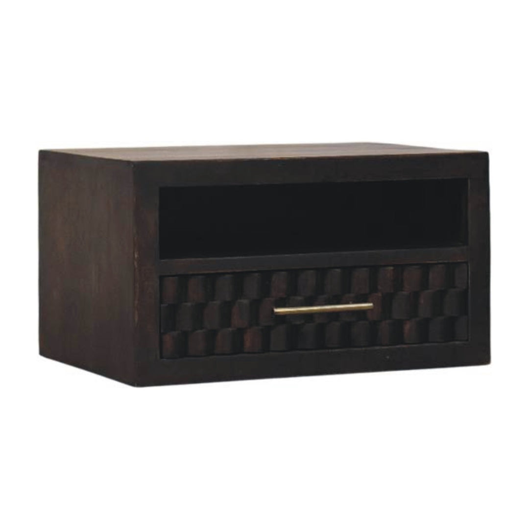 Chocolate Brown Lacquered Solid Mango Wood Cadiz Carved 6-Drawer Chest with Brass Knobs