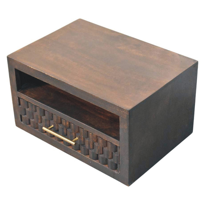 Chocolate Brown Velvet Solid Mango Wood Arno Wall-Mounted Bedside with Cube Drawer Fronts