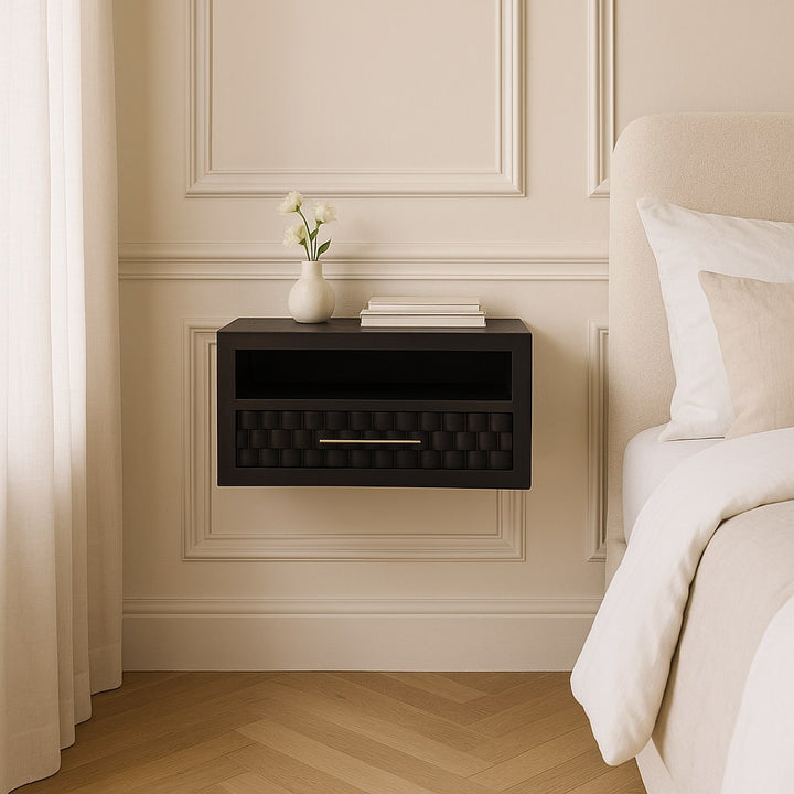 Chocolate Brown Velvet Solid Mango Wood Arno Wall-Mounted Bedside with Cube Drawer Fronts
