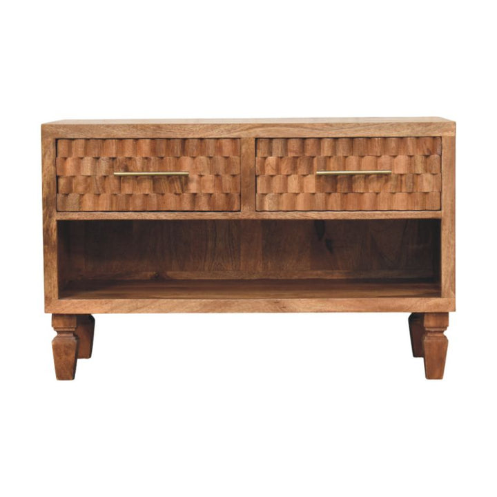 Brown Lacquered Golden Teak Solid Mango Wood Cadiz Carved Entryway Shoe Cabinet