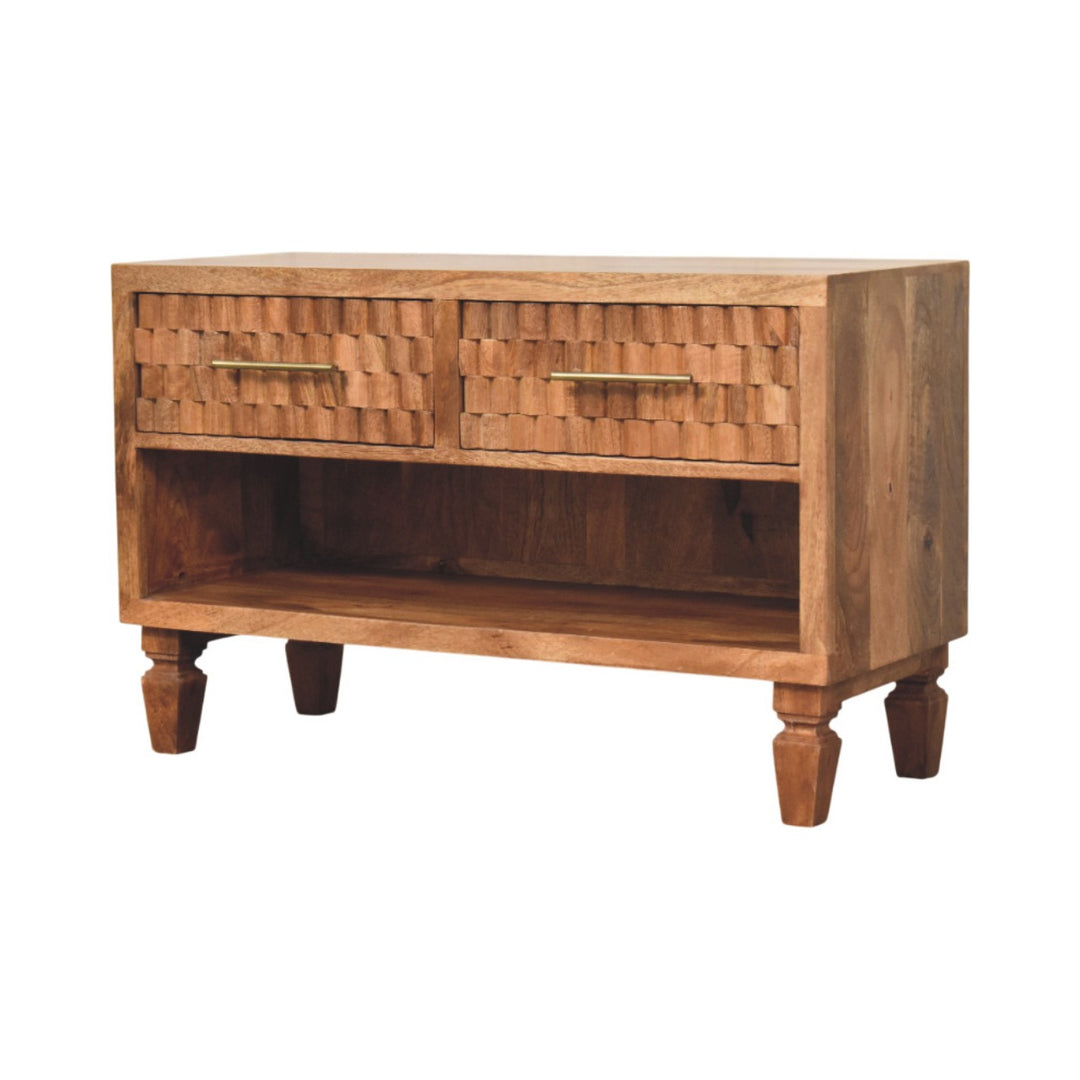 Brown Lacquered Golden Teak Solid Mango Wood Cadiz Carved Entryway Shoe Cabinet