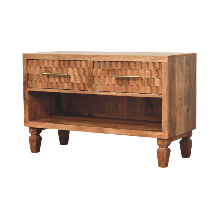 Brown Lacquered Golden Teak Solid Mango Wood Cadiz Carved Entryway Shoe Cabinet