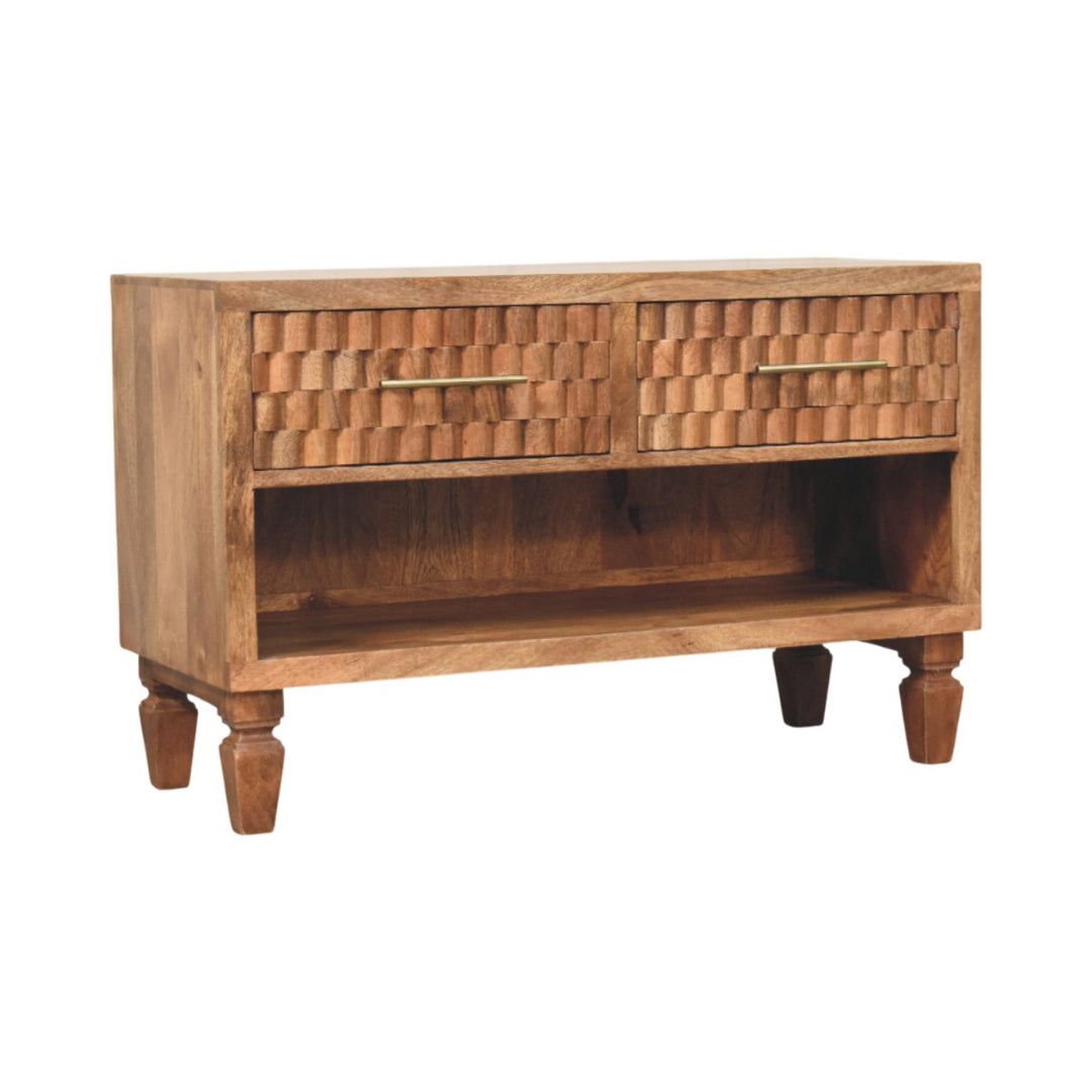 Brown Lacquered Golden Teak Solid Mango Wood Cadiz Carved Entryway Shoe Cabinet