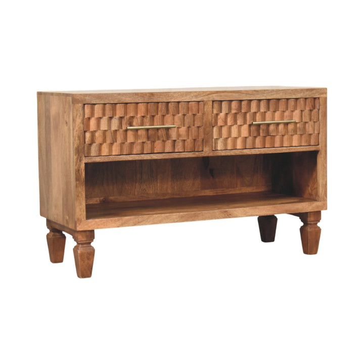 Brown Lacquered Golden Teak Solid Mango Wood Cadiz Carved Entryway Shoe Cabinet