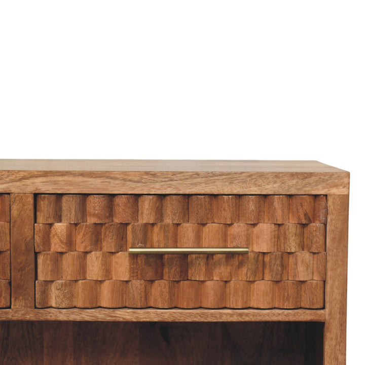 Brown Lacquered Golden Teak Solid Mango Wood Cadiz Carved Entryway Shoe Cabinet