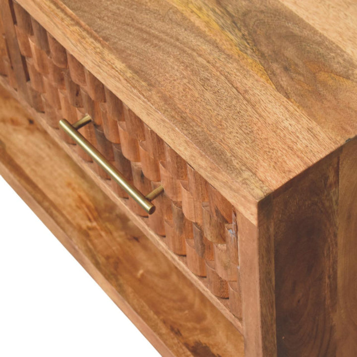 Brown Lacquered Golden Teak Solid Mango Wood Cadiz Carved Entryway Shoe Cabinet