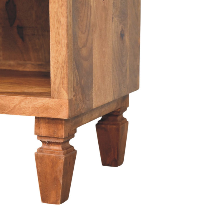 Brown Lacquered Golden Teak Solid Mango Wood Cadiz Carved Entryway Shoe Cabinet
