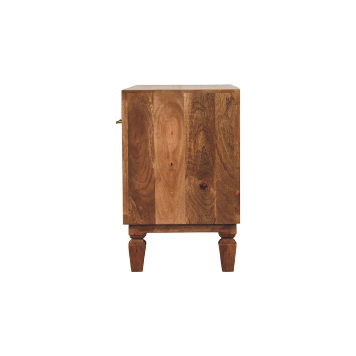 Brown Lacquered Golden Teak Solid Mango Wood Cadiz Carved Entryway Shoe Cabinet