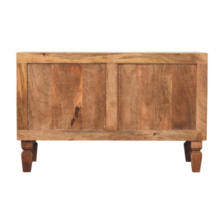 Brown Lacquered Golden Teak Solid Mango Wood Cadiz Carved Entryway Shoe Cabinet