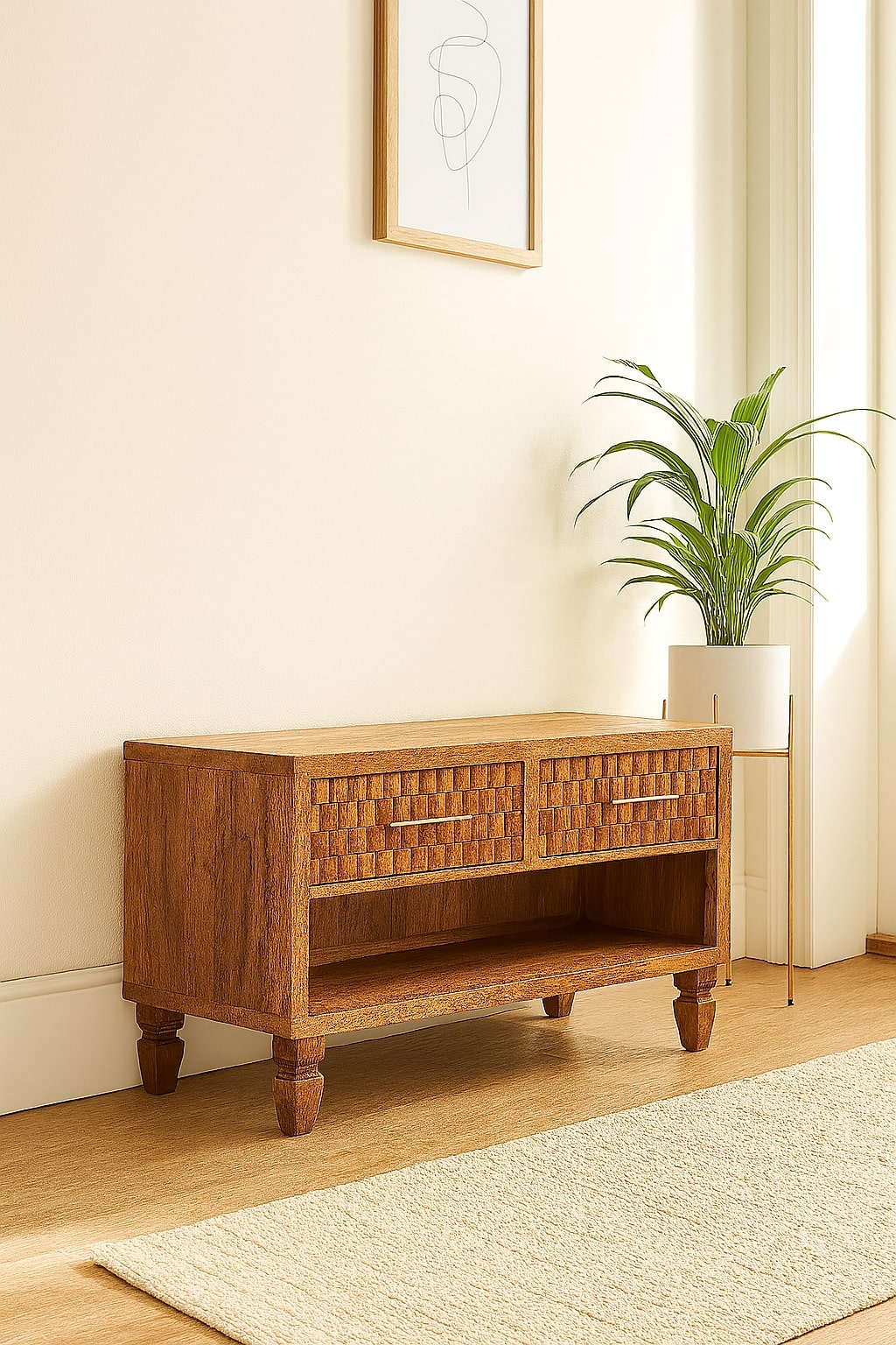 Brown Lacquered Golden Teak Solid Mango Wood Cadiz Carved Entryway Shoe Cabinet
