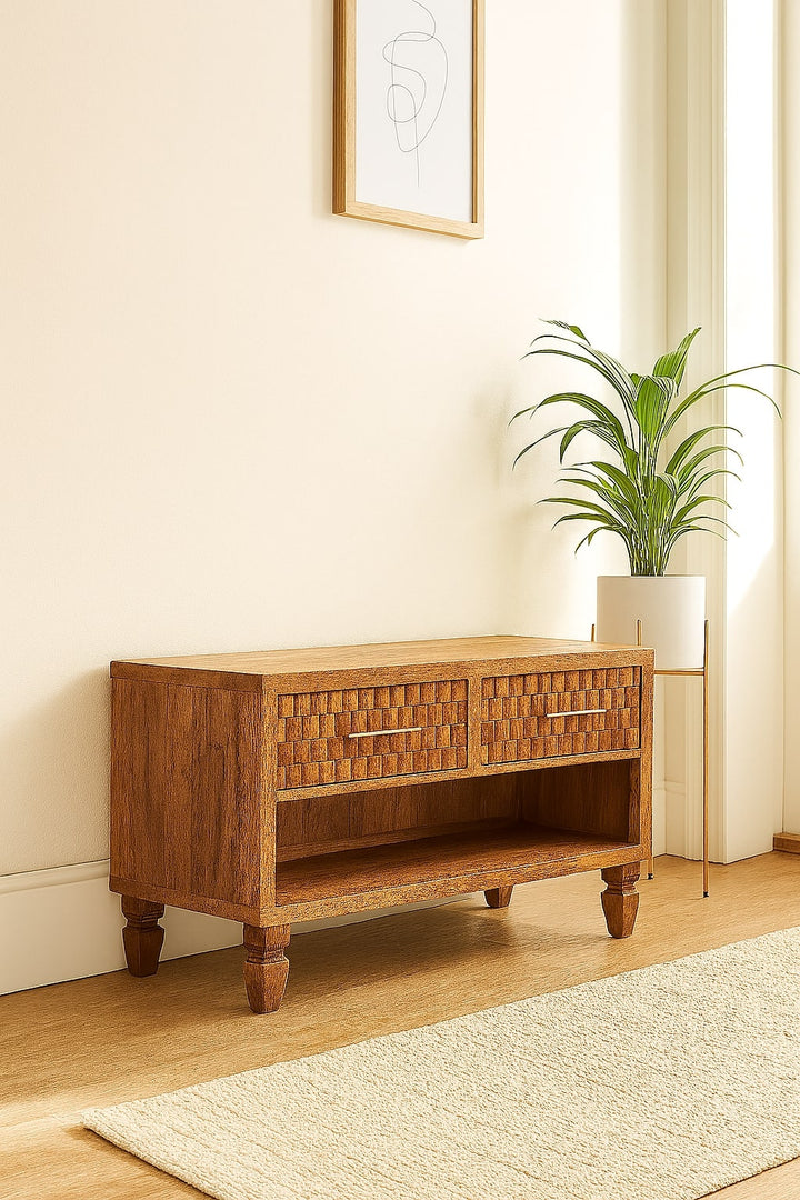 Brown Lacquered Golden Teak Solid Mango Wood Cadiz Carved Entryway Shoe Cabinet