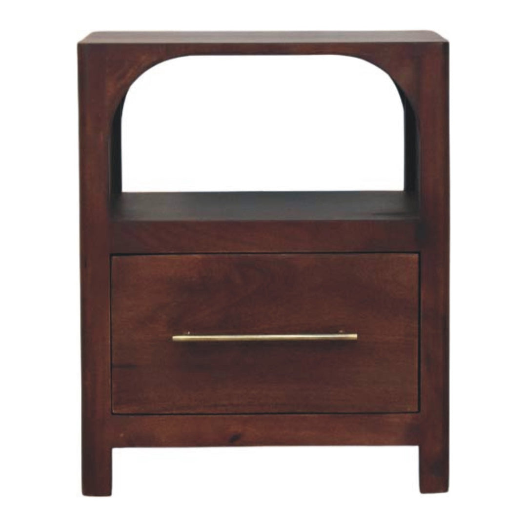 Chocolate Brown Lacquered Classic Grey Solid Mango Wood Arched Edge 1-Drawer Nightstand