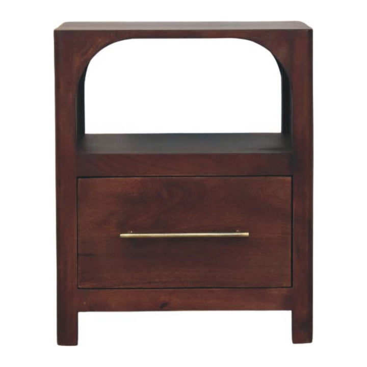 Chocolate Brown Lacquered Classic Grey Solid Mango Wood Arched Edge 1-Drawer Nightstand