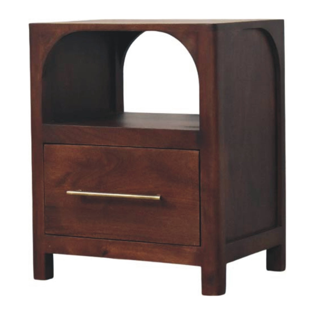 Chocolate Brown Lacquered Classic Grey Solid Mango Wood Arched Edge 1-Drawer Nightstand