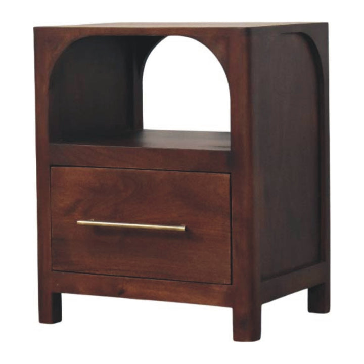 Chocolate Brown Lacquered Classic Grey Solid Mango Wood Arched Edge 1-Drawer Nightstand