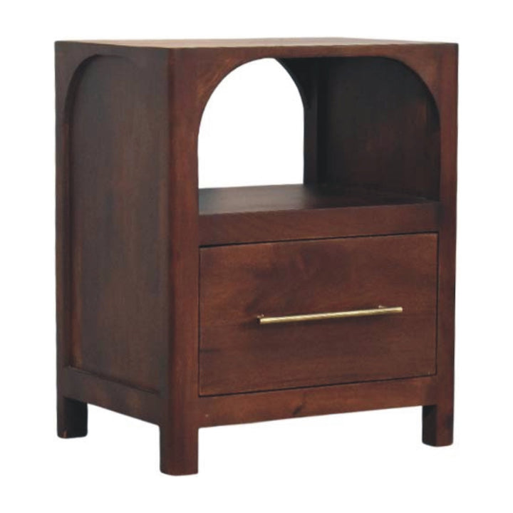 Chocolate Brown Lacquered Classic Grey Solid Mango Wood Arched Edge 1-Drawer Nightstand