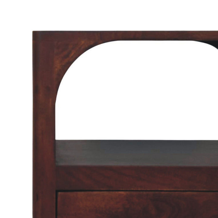 Chocolate Brown Lacquered Classic Grey Solid Mango Wood Arched Edge 1-Drawer Nightstand